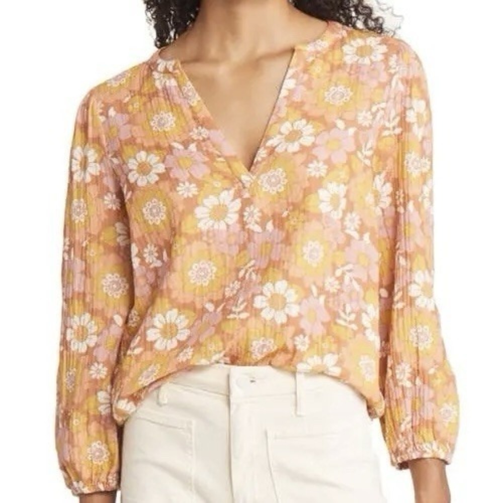 Marine Layer Jamie Floral Peasant Blouse Amber Brown Retro Boho Feminine L